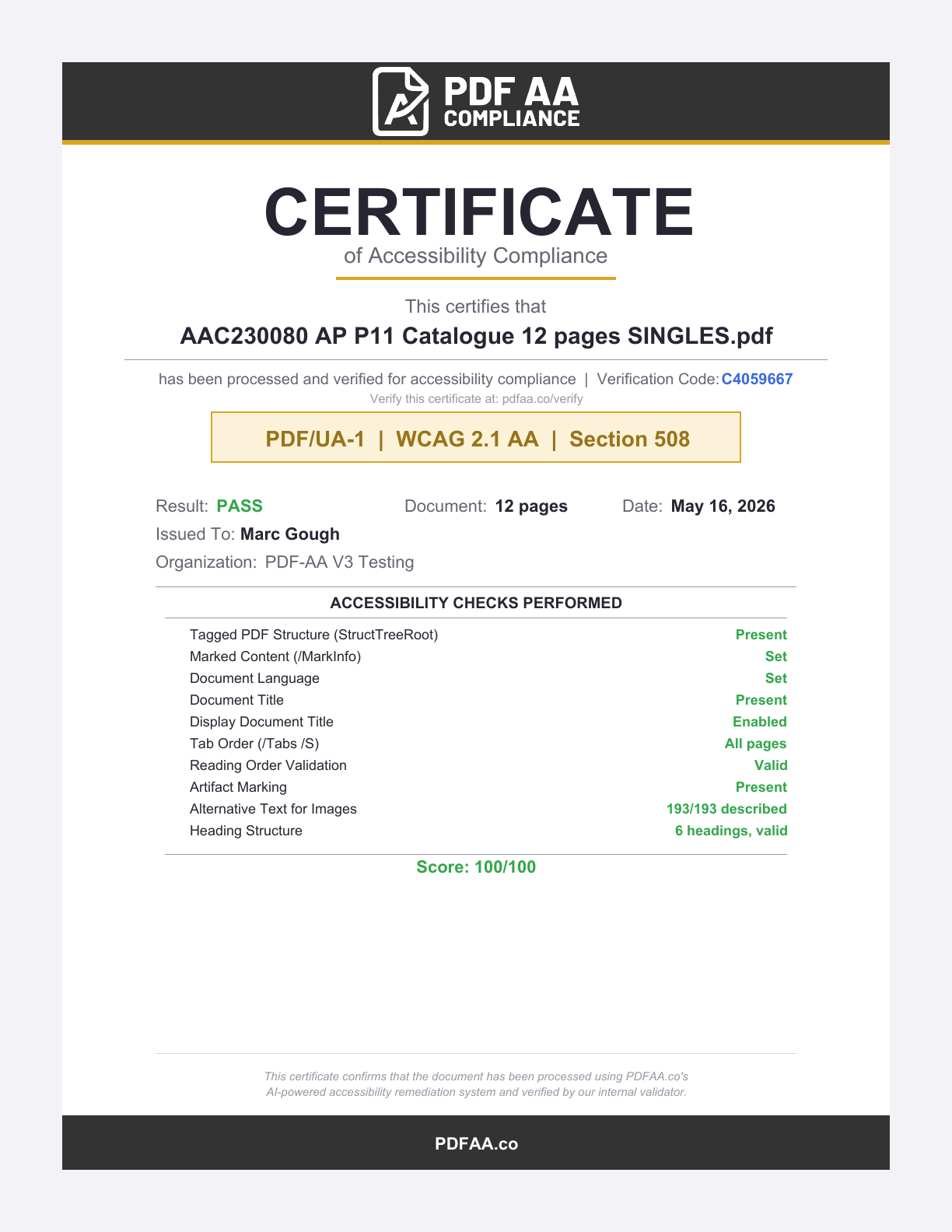 PDF AA Compliance certificate for the Australia Post catalogue remediation case study.