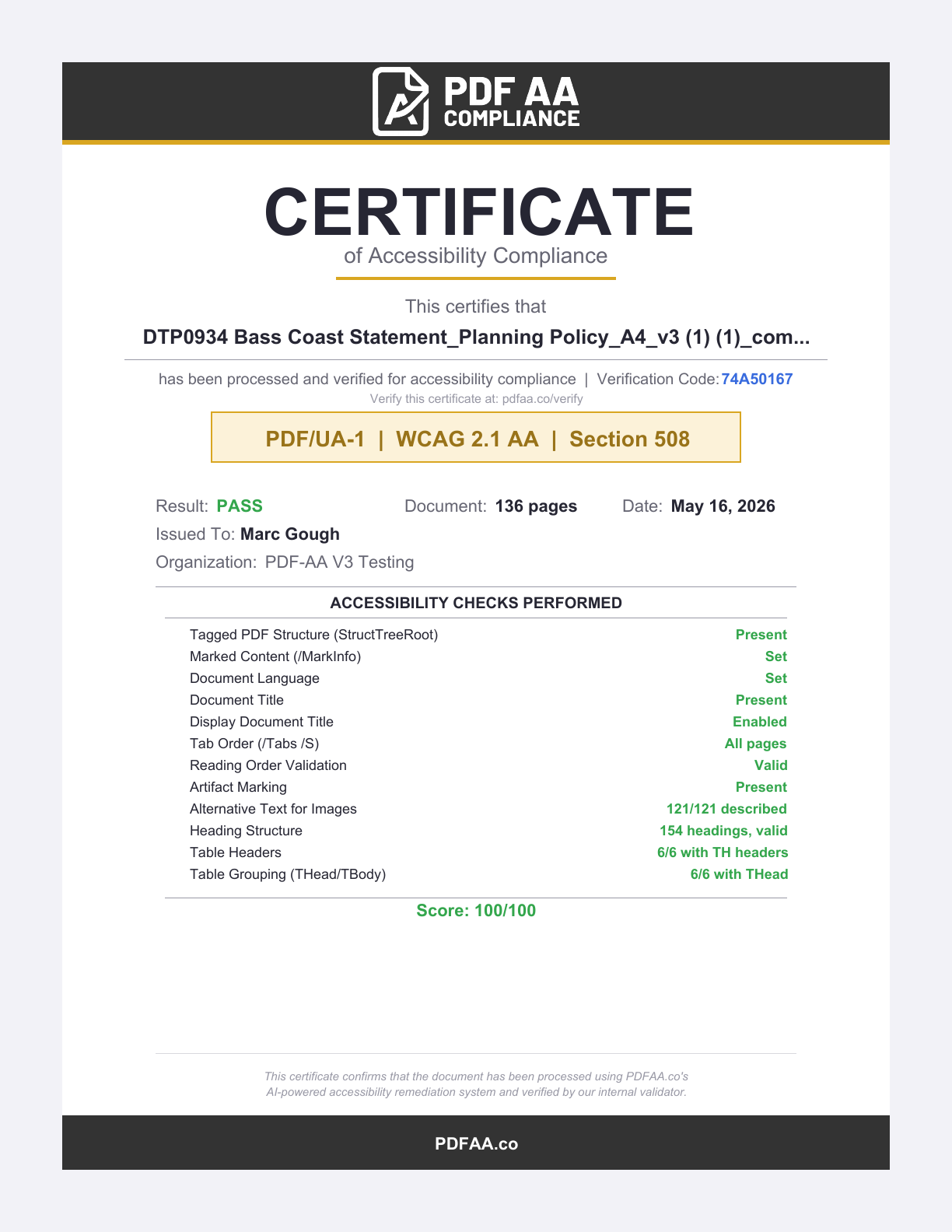 PDF AA Compliance certificate for the Bass Coast planning remediation case study.